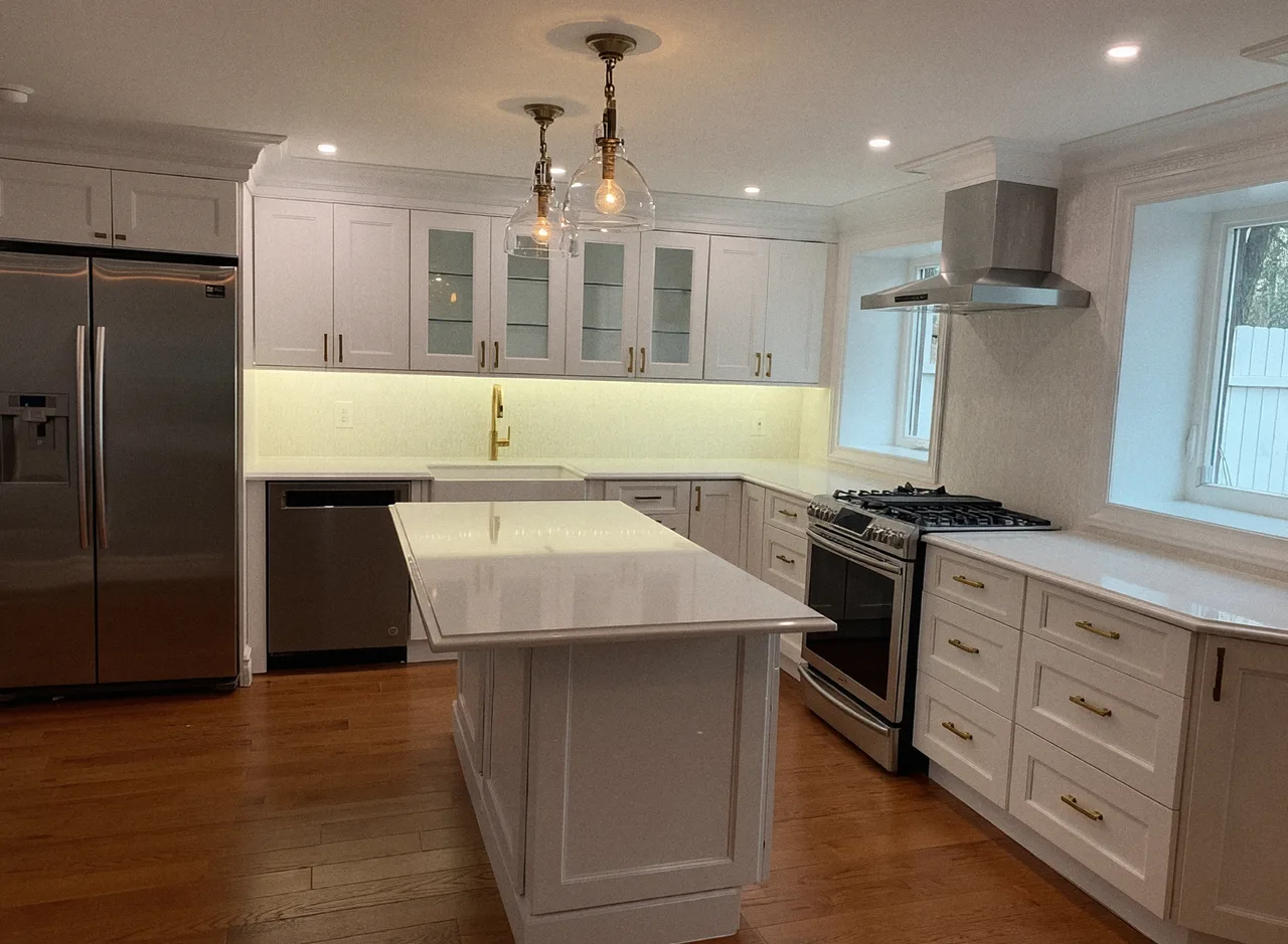 Finished white kitchen with glass-front cabinets, under-cabinet lighting and an island